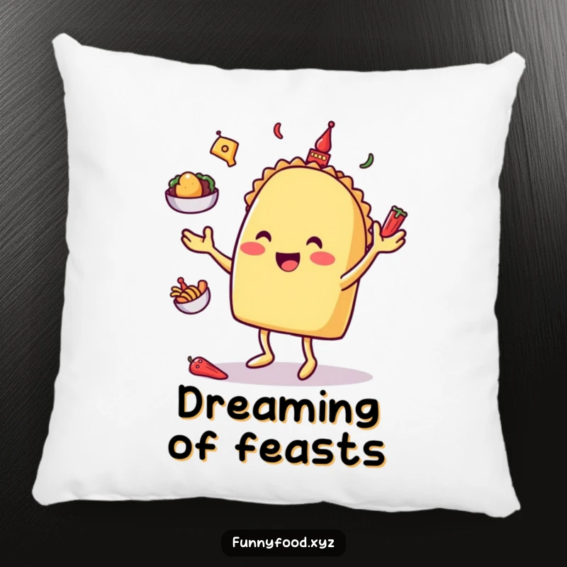 Happy taco character juggling toppings, designed for a comfortable and humorous pillow for lounging and taco enthusiasts.