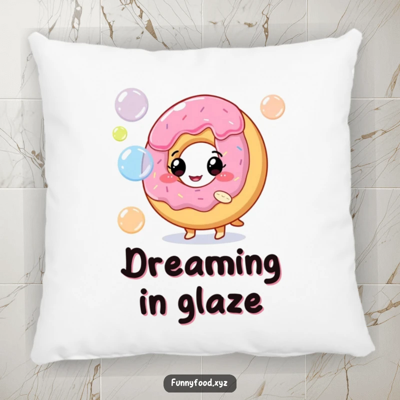 Funny throw pillow featuring a happy donut character blowing colorful, shimmering bubbles, adding playful charm.