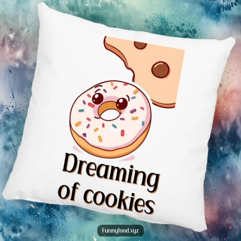 Funny doughnut pillow, with sprinkles, looking up at a cookie, a humorous and cozy decorative item for treat lovers.