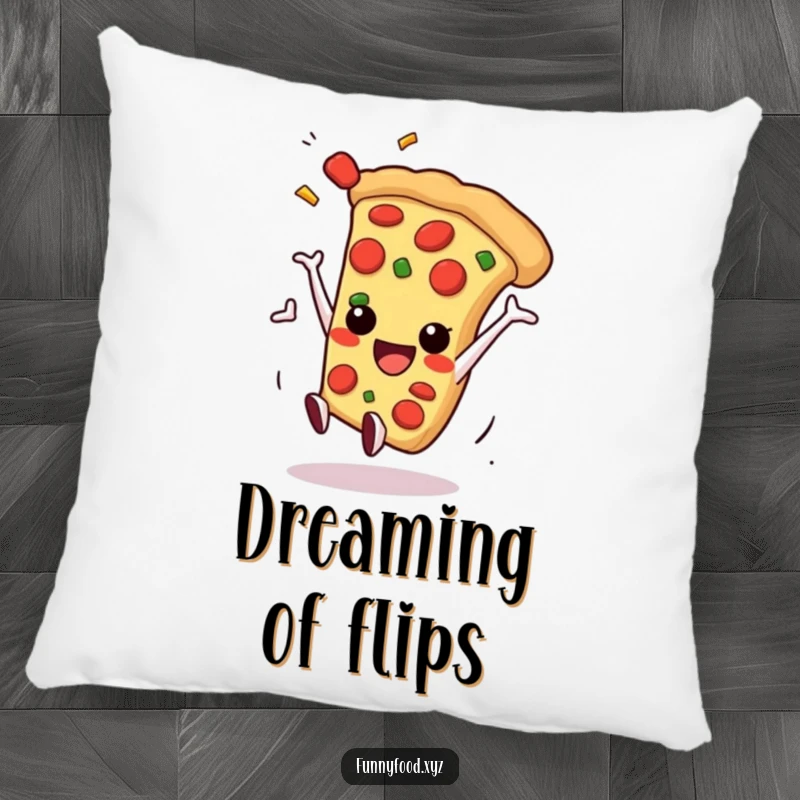 A smiling anthropomorphic pizza slice performing a playful somersault, with toppings scattering dynamically, plush and fun.