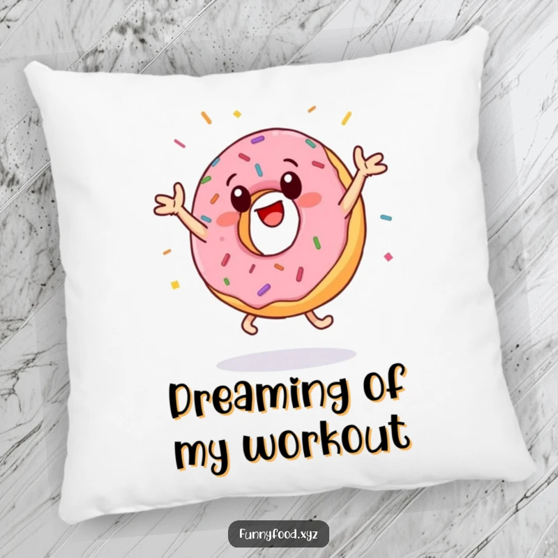 Funny donut pillow illustrating an anthropomorphic donut joyfully doing jumping jacks, surrounded by a festive, flying sprinkle pattern for comedic effect.