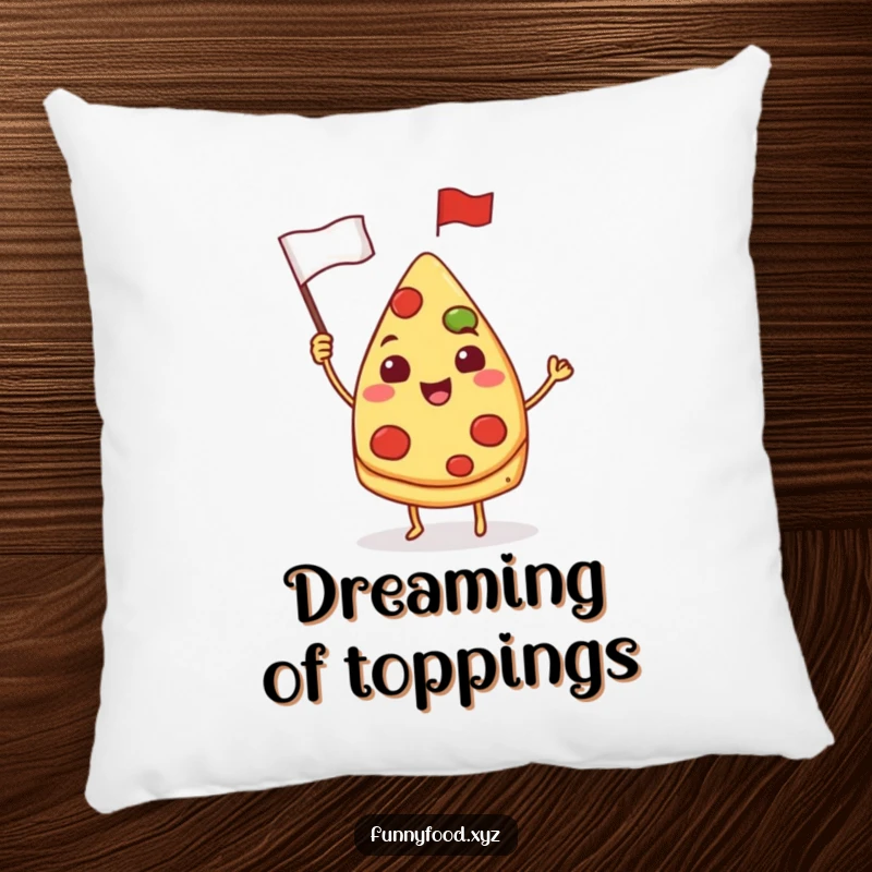 Funny pizza pillow, a smiling pizza slice waving a tiny flag, soft and decorative cushion.