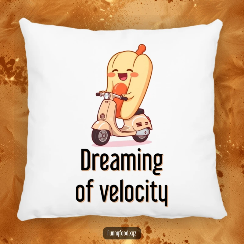 Funny pillow showcasing a cheerful hot dog joyfully riding a tiny scooter, adding a touch of whimsical humor to any couch.