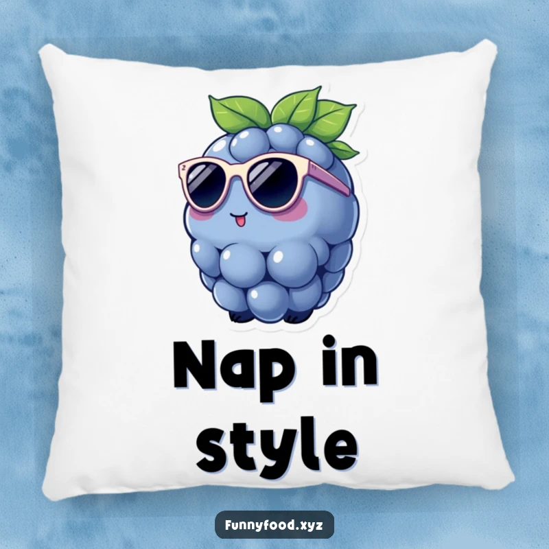 Funny Pillow showcasing a charming blueberry with miniature sunglasses, providing plush comfort and a touch of cool humor.