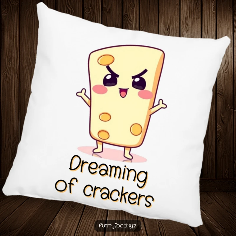 A determined slice of cheese in a silly pose, a soft and humorous pillow for cozying up with cheesy fun.
