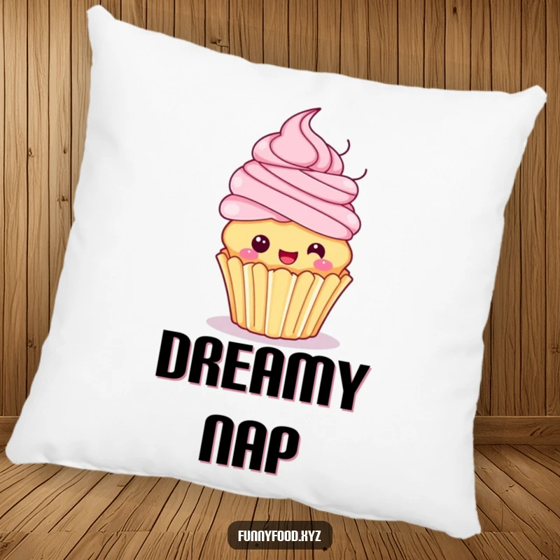 Funny pillow featuring a playful cupcake with swirly frosting hair, excitedly spinning, perfect for adding a cozy and humorous touch.
