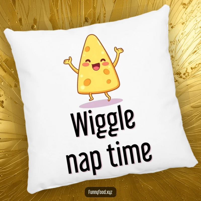 Funny pillow featuring a delighted anthropomorphic cheese wedge caught in a hilarious, energetic dance.
