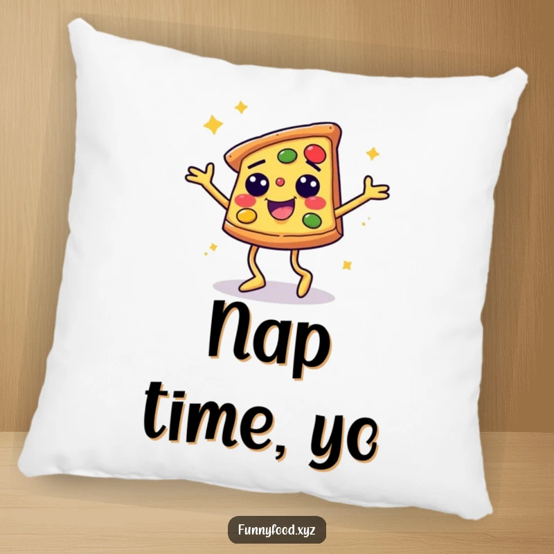 Funny pillow showing a smiling pizza slice with legs enthusiastically dancing the disco, bringing joy and comfort.