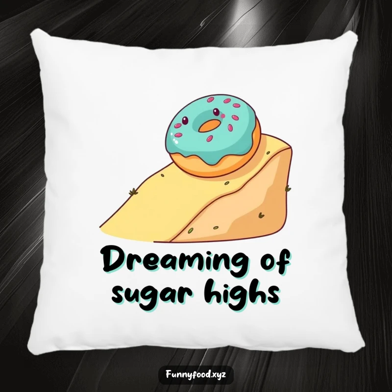 Funny and soft pillow featuring a gleeful donut rolling down a hill, offering comfort and a touch of sweet humor.