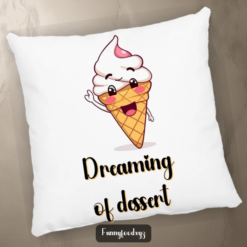 Funny Ice Cream Pillow featuring a goofy ice cream cone waving its scoop, perfect for cozy, happy moments.