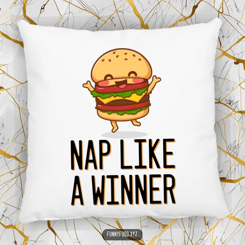 Funny Pillow with a jolly hamburger enthusiastically dancing, offering plush comfort and a dose of lighthearted humor to any setting.