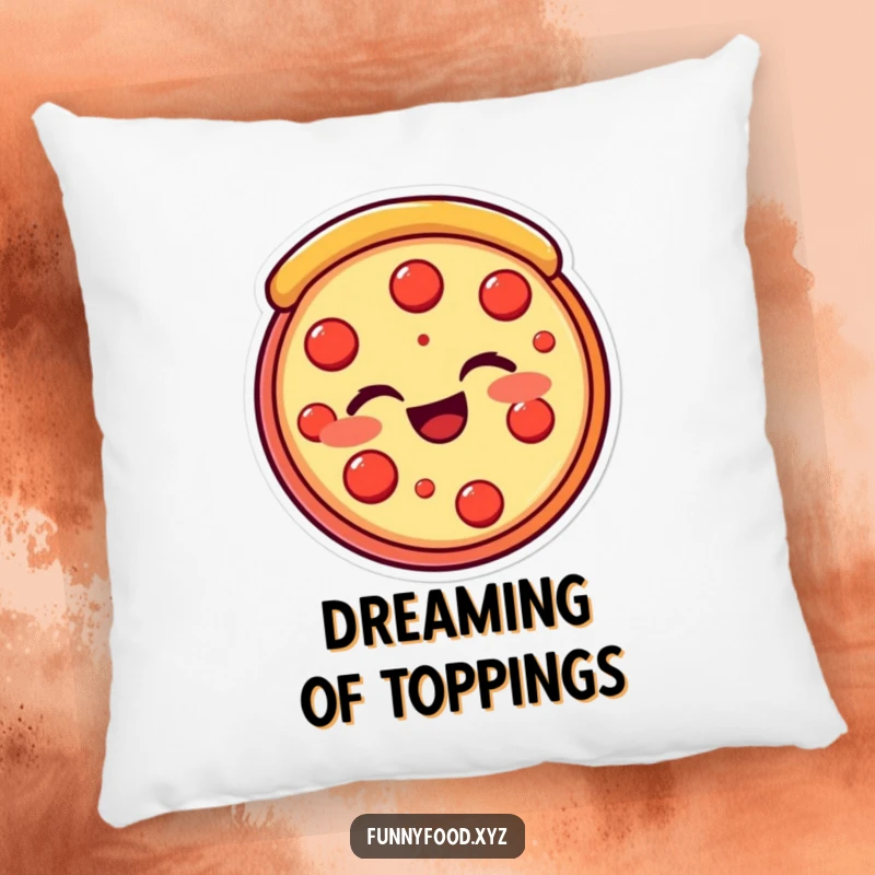 Funny pizza slice pillow featuring a beaming, winking pizza slice, offering cheesy comfort and delightful humor. Ideal funny gift.