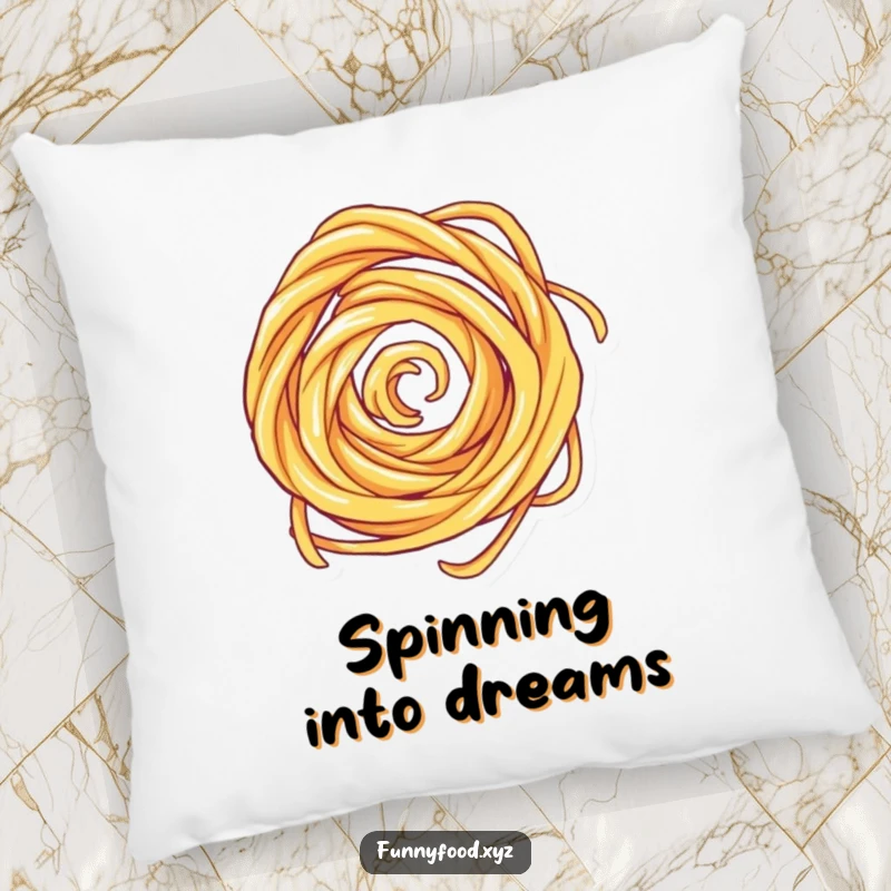 Funny pillow with a playful pasta swirl design, offering humorous and comfortable decor for food enthusiasts.