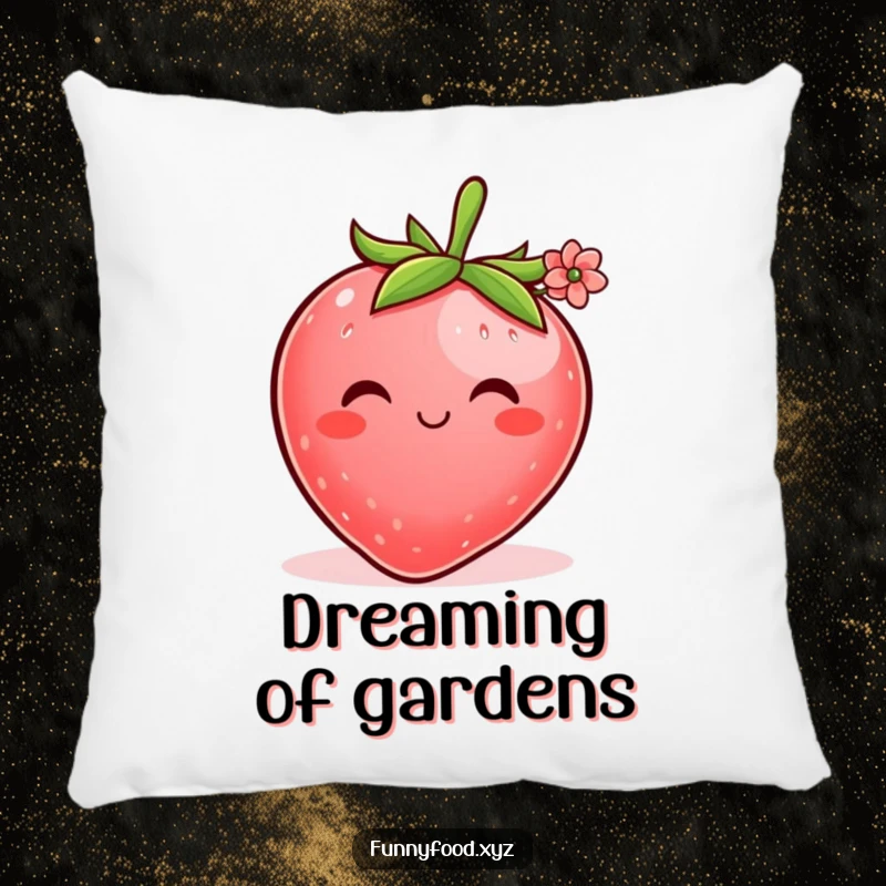 Funny decorative pillow with a plump, shy strawberry offering a small flower, ideal for adding sweet charm and comfort.
