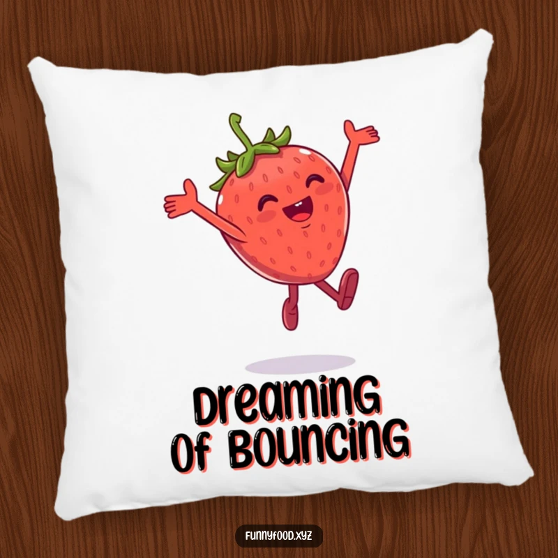 Funny pillow showcasing a gleeful anthropomorphic strawberry caught in a playful, energetic leap.