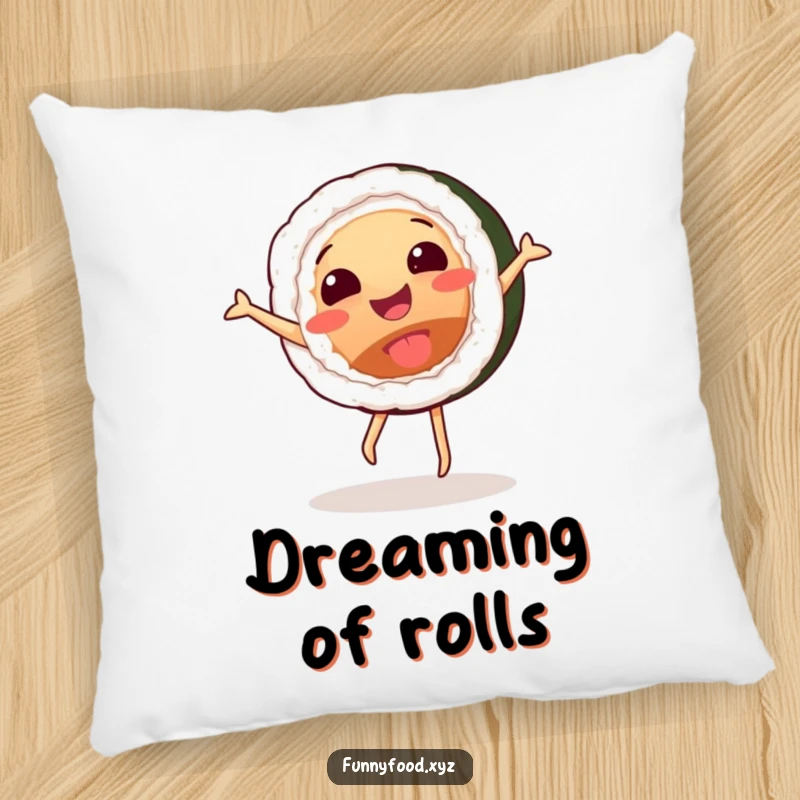 Funny throw pillow featuring a gleeful sushi roll character performing a funny cartwheel, adding comfort and humor.