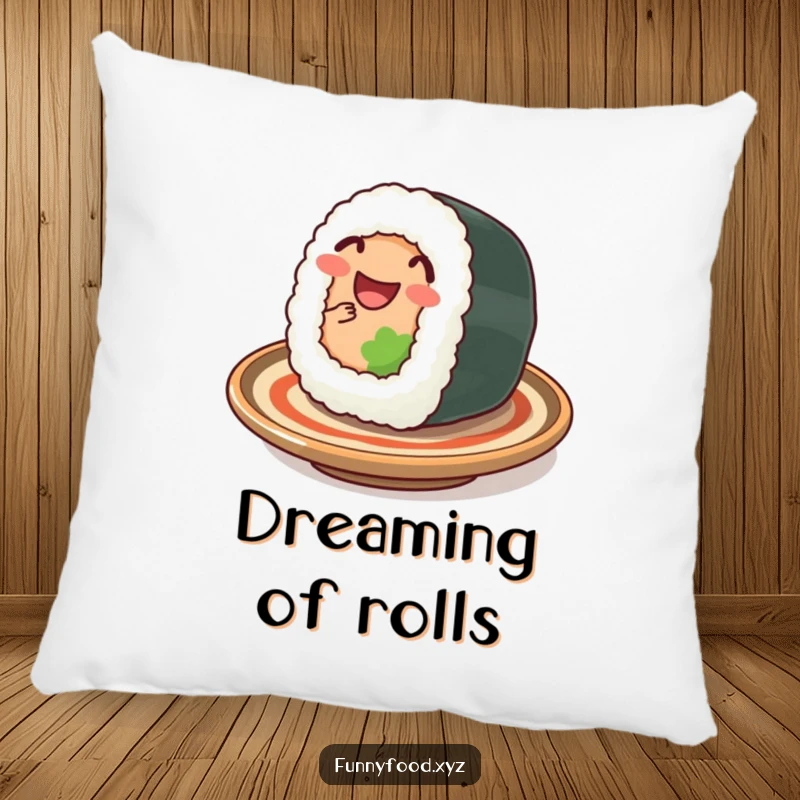Funny sushi pillow, showing a happy sushi roll wiggling, soft and humorous decorative pillow.