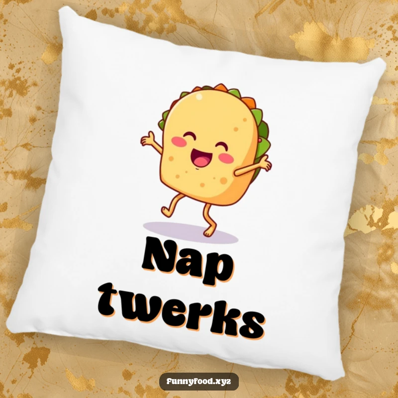 Funny taco pillow, showing a taco dancing salsa with legs, soft and humorous decorative item.