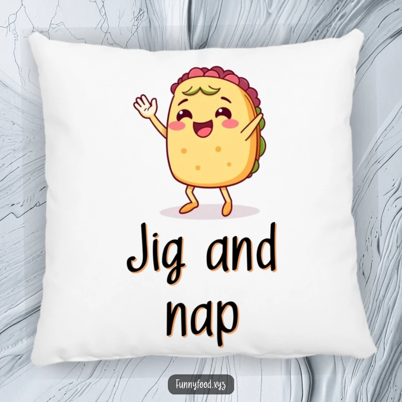 A plush pillow featuring a cheerful anthropomorphic taco with legs, enthusiastically waving and jigging, radiating festive joy.