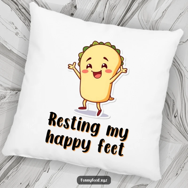 Funny taco pillow, a cheerful taco character doing a silly dance, soft and decorative cushion.
