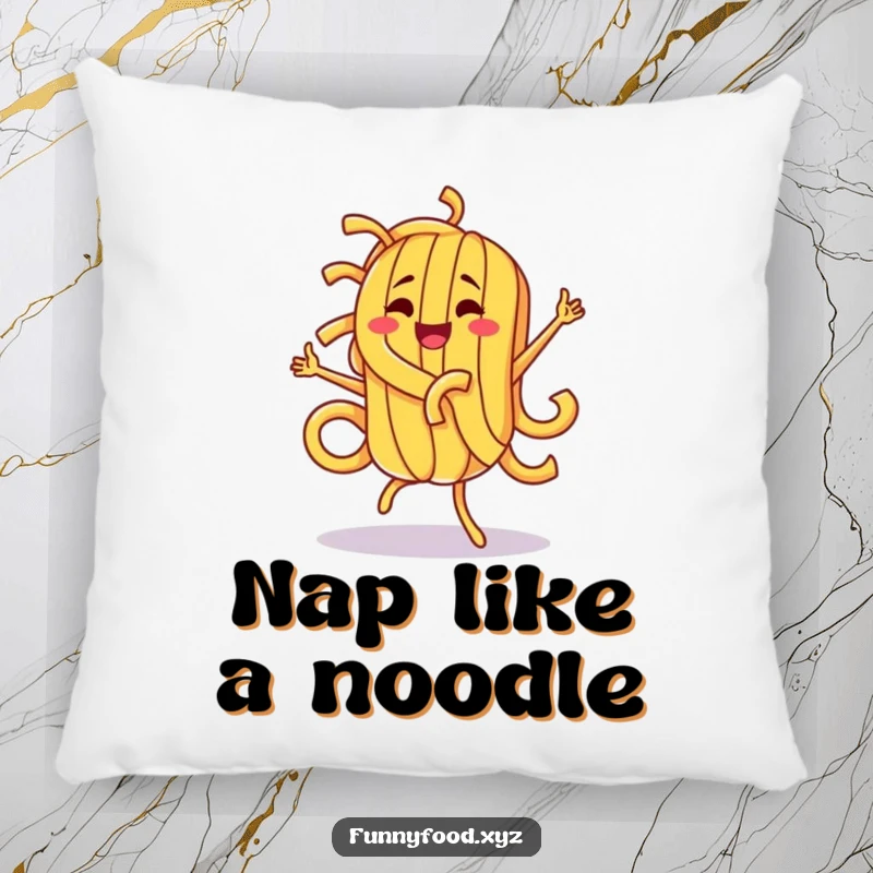 Funny pasta character grooving in a silly dance, printed on a soft pillow for ultimate comfort and humorous home decor.