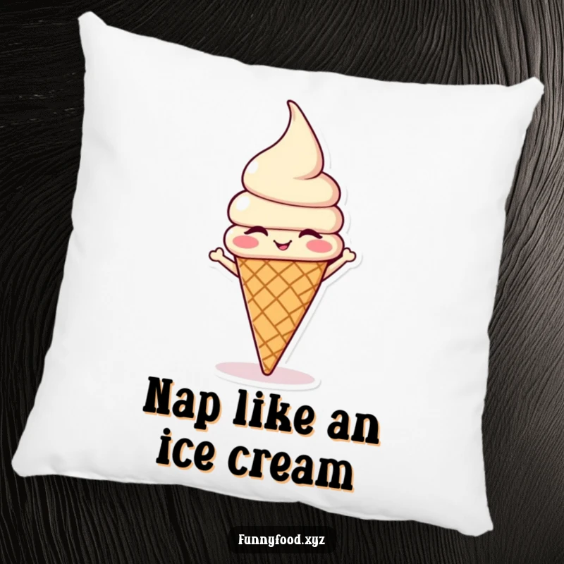Funny winking ice cream cone doing a headstand, featured on a soft pillow for humorous relaxation and decor.