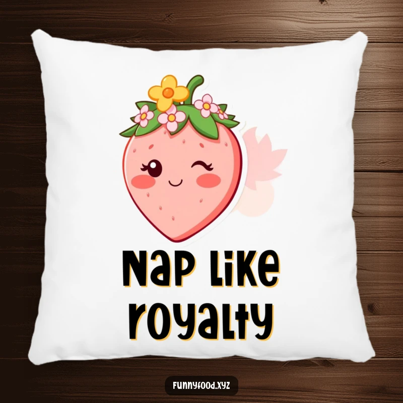 Funny throw pillow featuring a smiling strawberry character wearing a tiny flower crown, adding natural charm.
