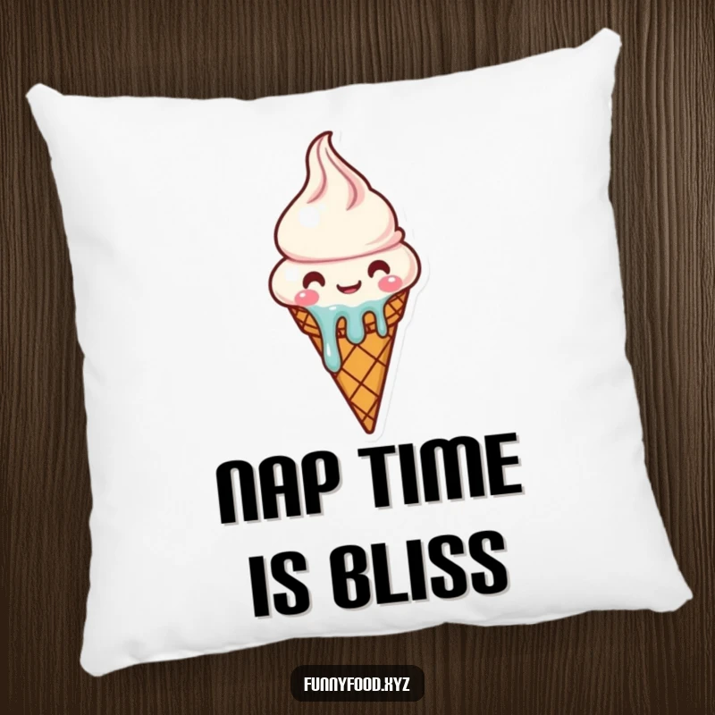 Funny melting ice cream cone pillow character melting with delight, soft and cozy decor.