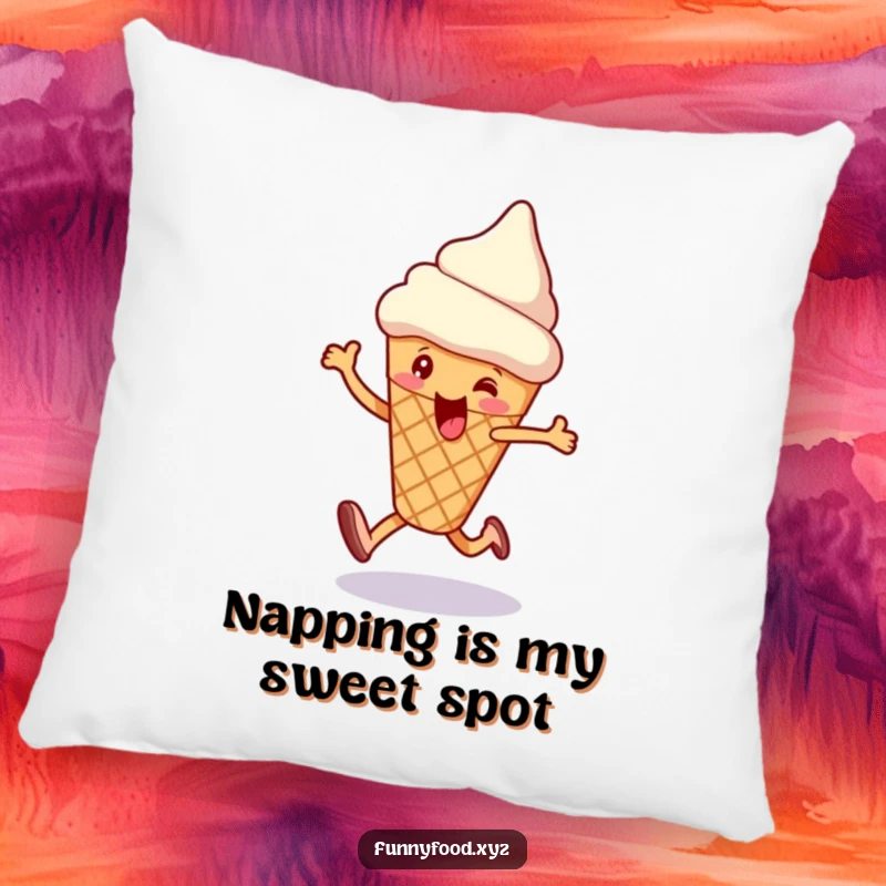 Funny and soft pillow featuring an enthusiastic ice cream cone doing a happy skip, offering comfort and sweet humor.