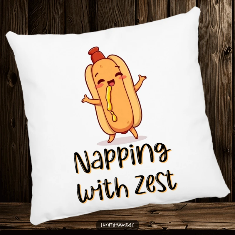 Funny hot dog pillow, doing a playful shimmy, with mustard dribbling, a humorous and cozy decorative item.