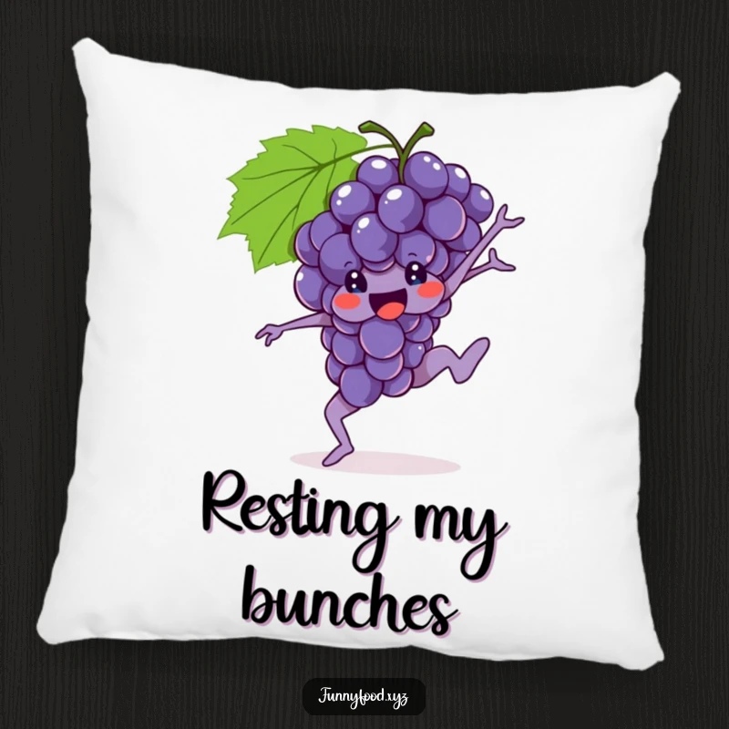 Funny Grapes Pillow featuring a brave bunch of grapes performing a gymnastic move, perfect for cozy energy.