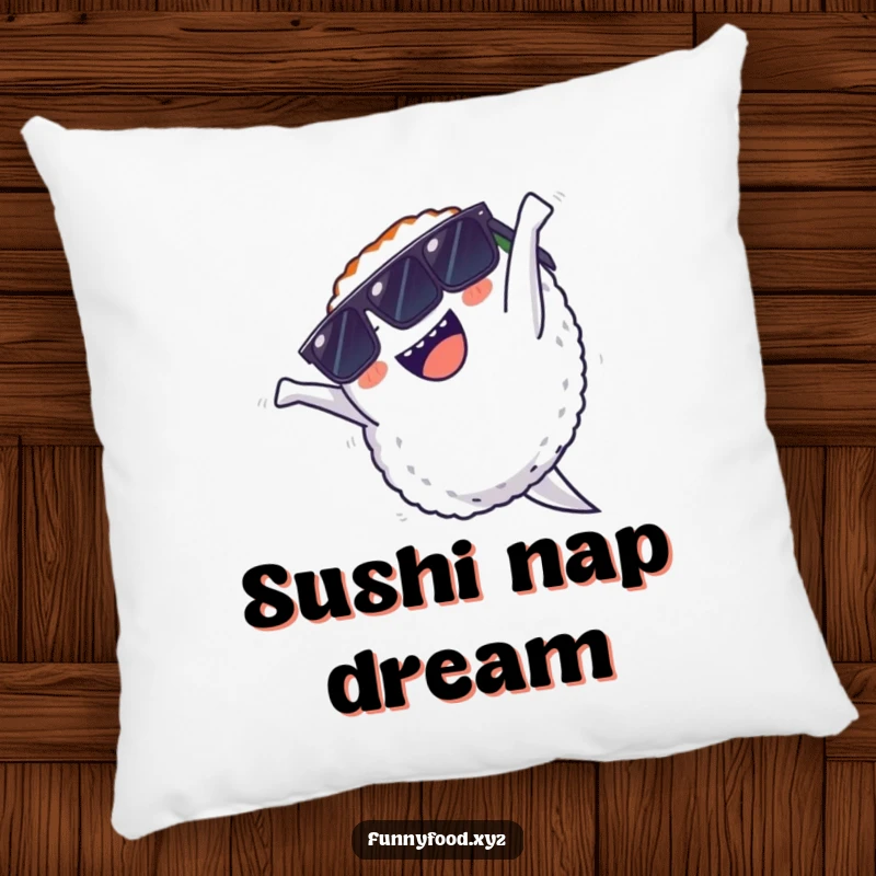 Funny pillow featuring a cool sushi character wearing sunglasses, performing a dynamic backflip with a joyful expression.