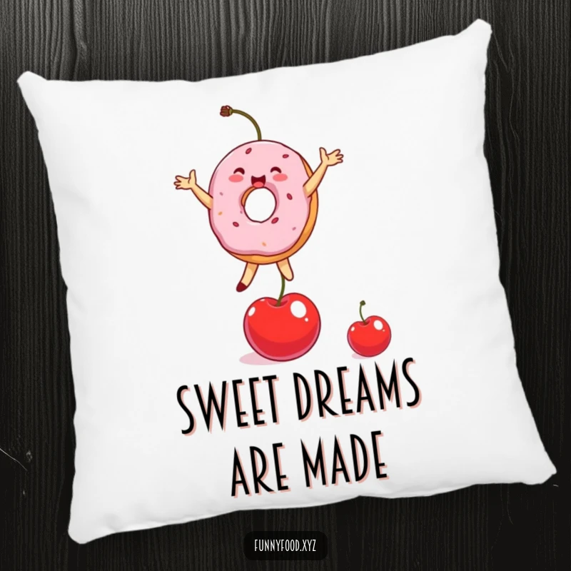 Funny Donut Pillow featuring a gleeful donut character balancing on a cherry, perfect for cozy humor.