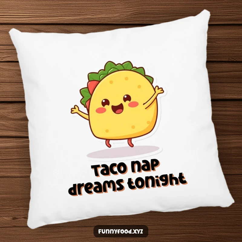 Funny pillow featuring a happy taco dancing, adding comfort and fiesta flair to decor.