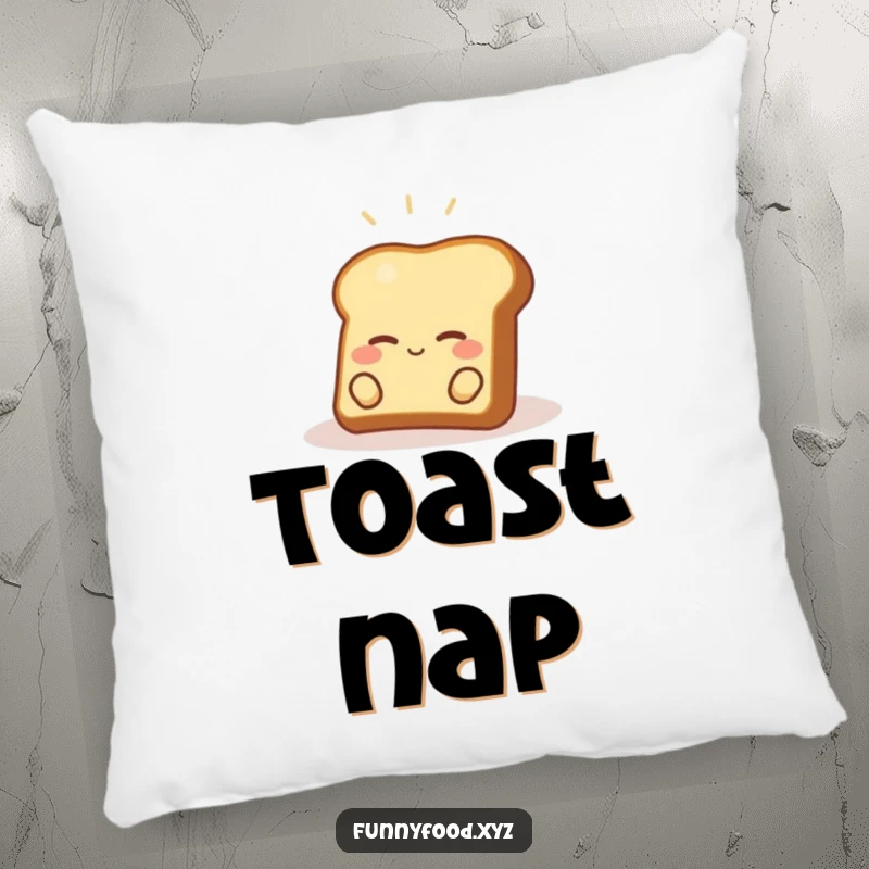 Funny toast pillow featuring a content piece of toast relaxing in a sunbeam, perfect for adding comfort and cheerful humor.