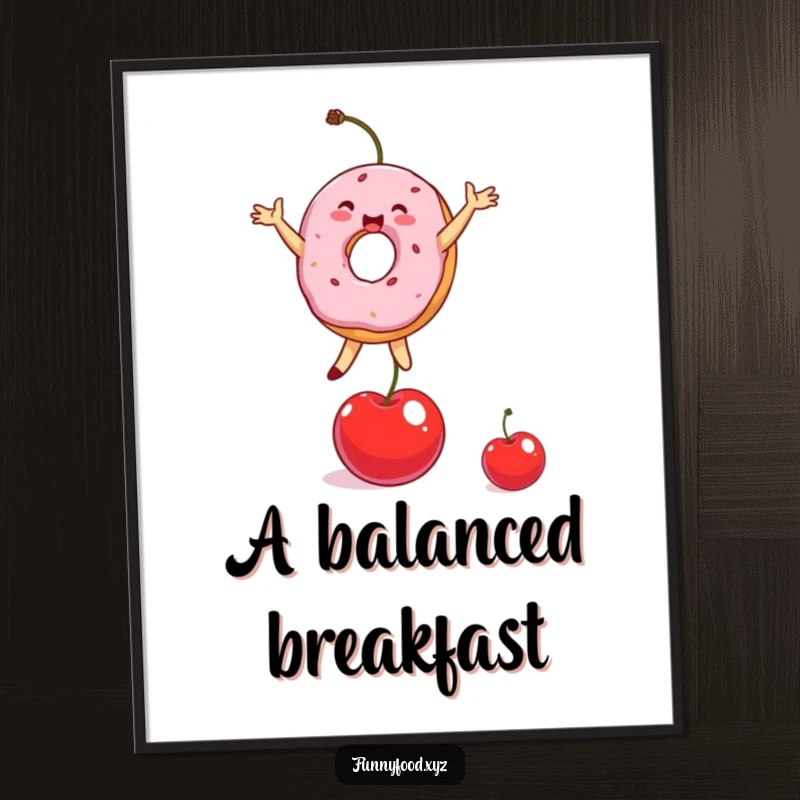 Funny Donut Digital Art Print of a delighted donut person balancing on a cherry, full of playful energy.