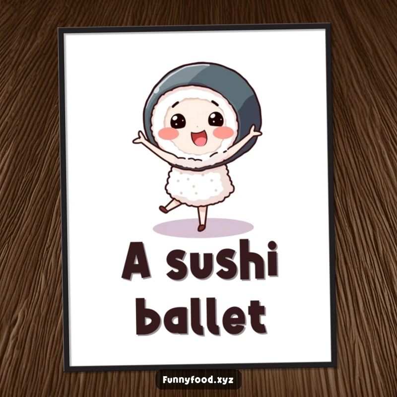 Smiling sushi roll character performing a graceful pirouette, presented as a digital art print for instant decor.