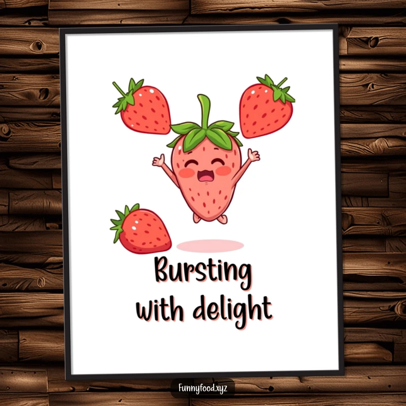 A digital art print of a surprised strawberry person jumping with delight, ready for printing.