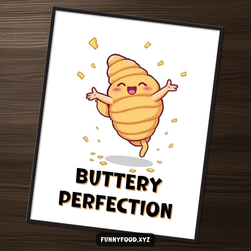 Funny digital art of a beaming anthropomorphic croissant doing cartwheels, a buttery, humorous printable.