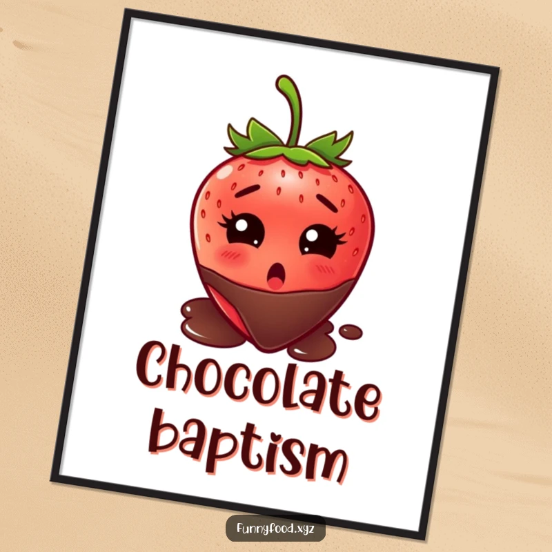 Funny strawberry digital art print, eyes wide in surprise, about to be dipped in chocolate, vibrant and humorous wall art.