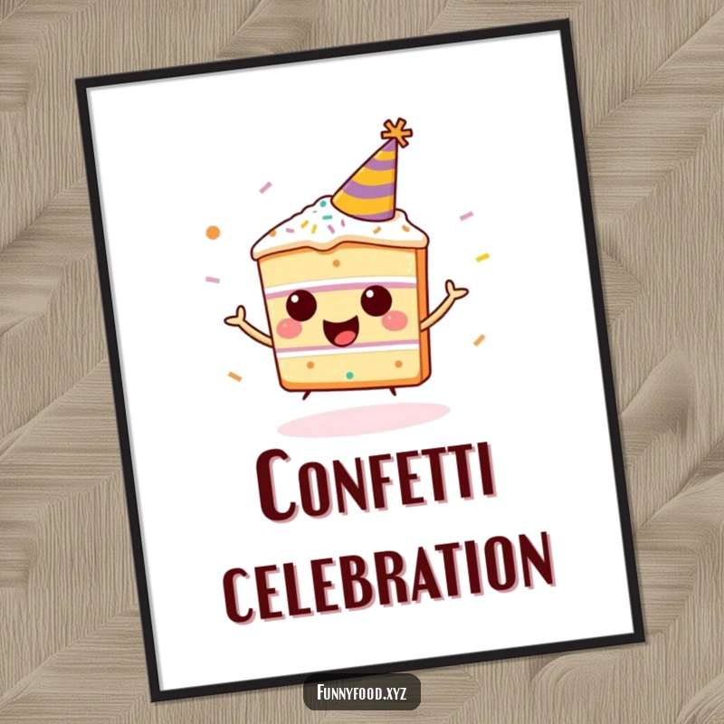 Funny happy cake slice digital art print, wearing a party hat, bouncing with sprinkles, a vibrant and humorous celebration piece.