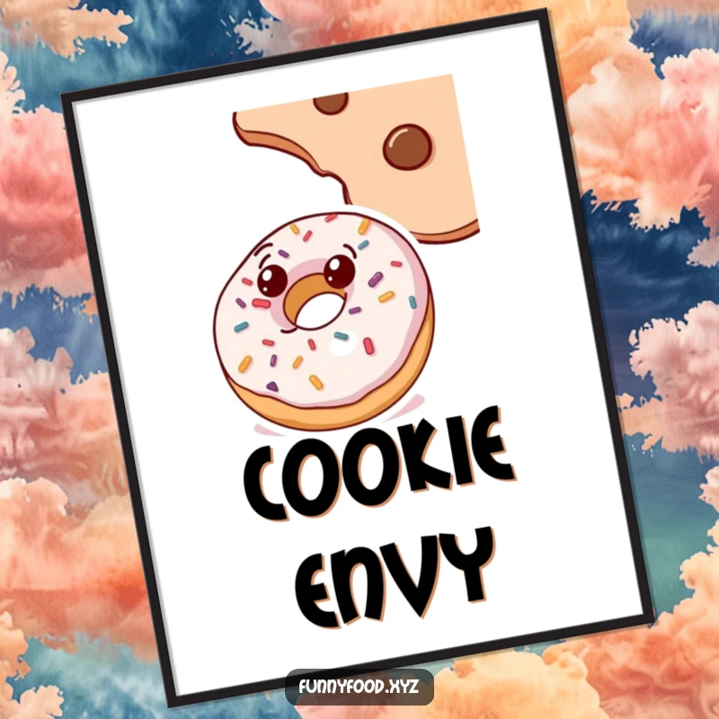 Funny doughnut digital art print, with sprinkles, curiously looking up at a cookie, vibrant and humorous food-themed wall art.