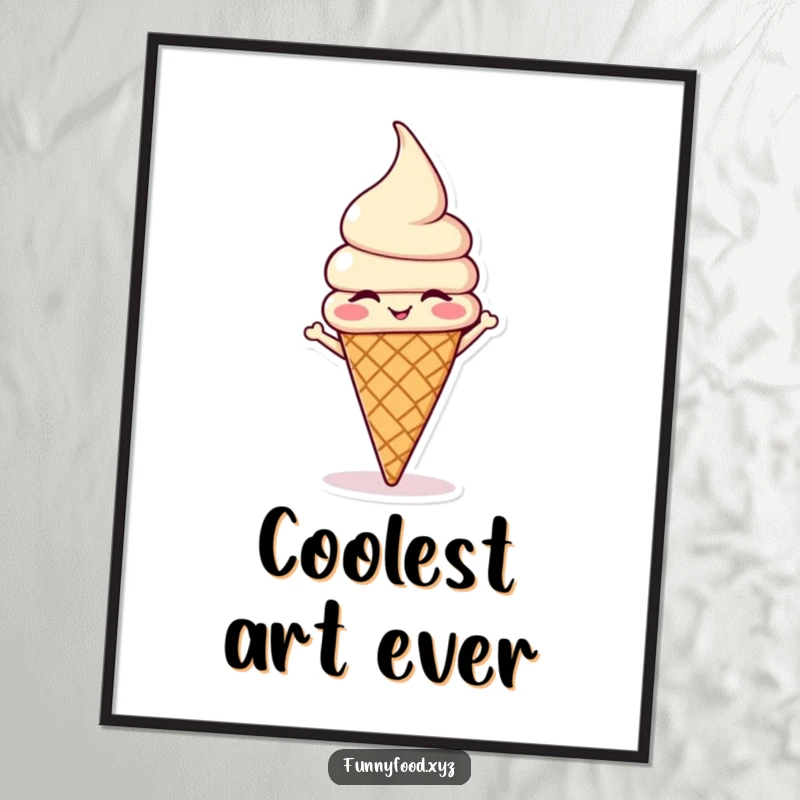Funny winking ice cream cone doing a headstand, perfect for printable wall art to add instant playful humor.