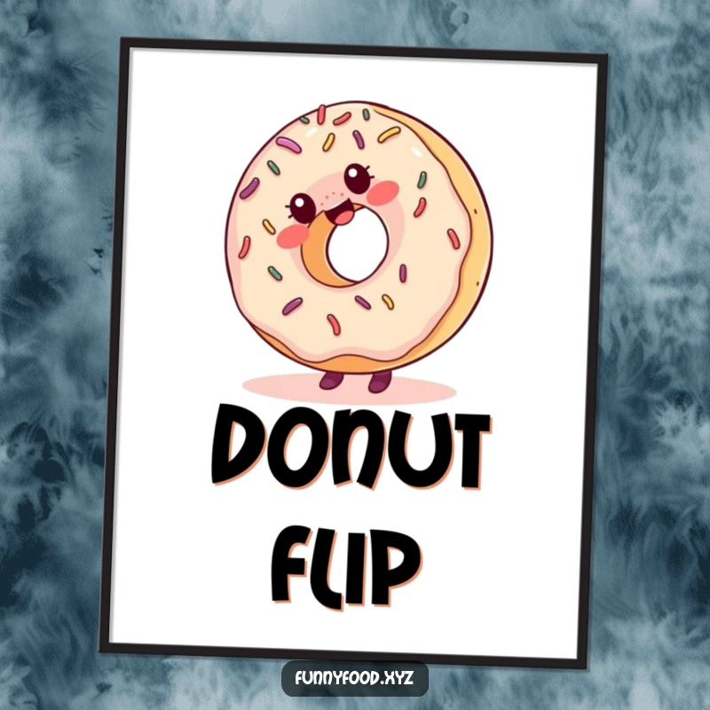 Funny digital art print of a giggling donut with sprinkles excitedly doing a cartwheel, creating a fun and whimsical scene.