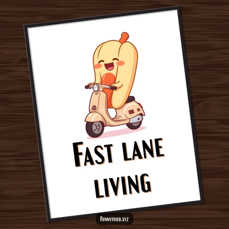 Funny digital art of a beaming hot dog joyfully riding a miniature scooter, delivering a comical and cheerful visual.