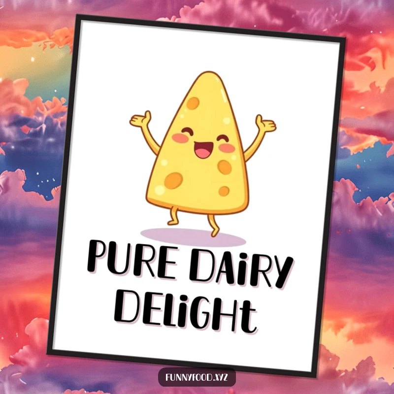 Funny digital art of a delighted anthropomorphic cheese wedge dancing with abandon, a print-ready humorous piece.