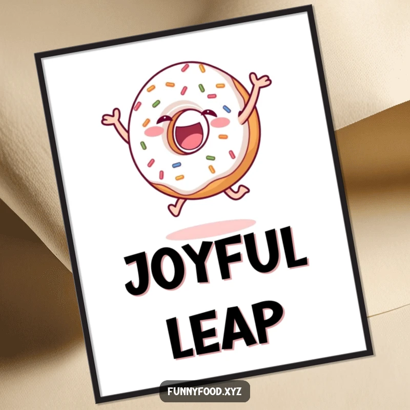 Funny donut digital art print of a delighted donut with sprinkles performing a joyful leap, perfect for instant humorous decor. Great funny gift.