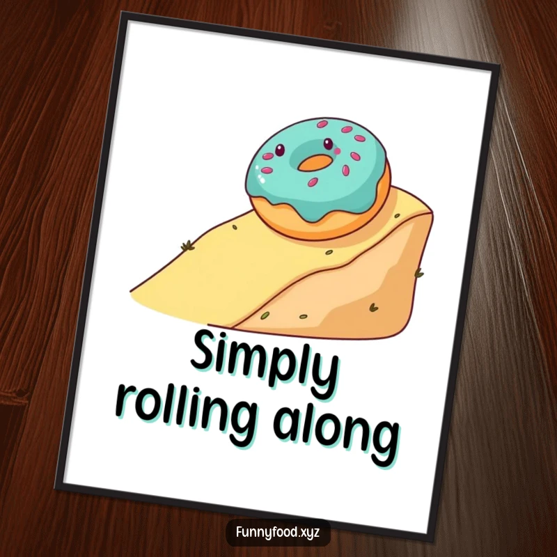 Funny digital art print of a gleeful donut rolling down a hill, offering instant sweet and humorous decor.