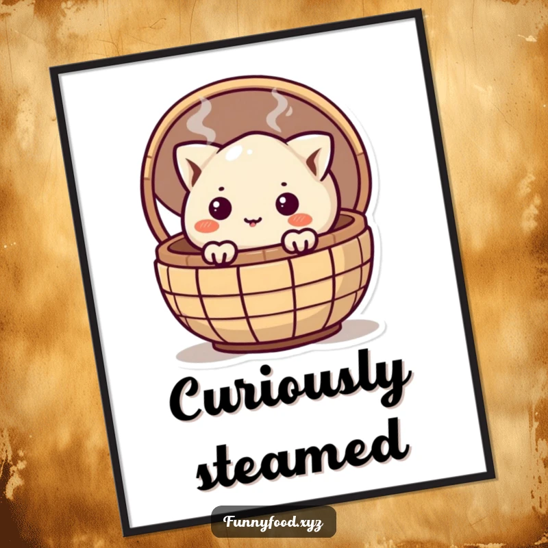 Funny curious dumpling peeking from a steaming basket, perfect for printable wall art to add instant charm.