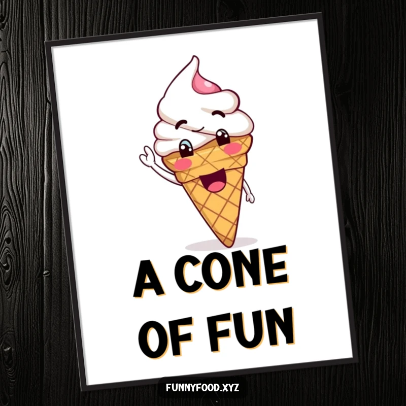 Funny Ice Cream Digital Art Print of a goofy ice cream cone waving its scoop, full of sweet joy.